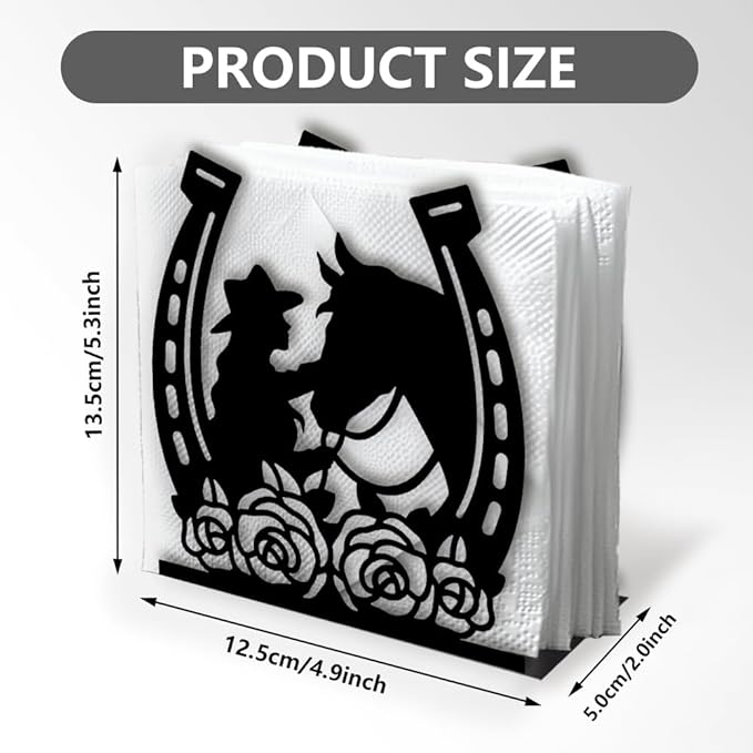 Cowgirl Horse Decorative Black Metal Napkin Holder for Table, 4.9" x 5.3" x 2" Flower Horseshoe Standing Napkin Holder for Home Kitchen Restaurant Picnic Party Coffee Bar Dining Room