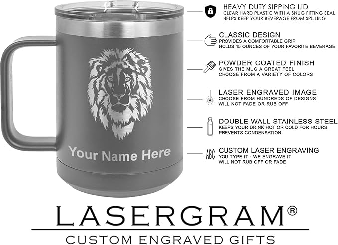LaserGram 15oz Vacuum Insulated Coffee Mug, Tiki Statue, Personalized Engraving Included (Gray)