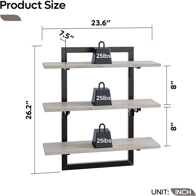 Bestier Floating Shelves for Wall, 24 inch Kitchen Shelves Wall Mounted, 3 Tier Coffee Bar Shelf with Foldable Brackets, Industrial Display Shelf for Bathroom, Living Room, Retro Grey