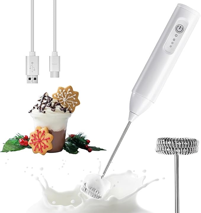 Rechargeable Milk Frother Handheld, USB-C Coffee Foam Maker with Stainless Steel Whisk ＆ 3 Speeds, Coffee Frother Electric Hand Drink Mixer Stirrer for Matcha, Powder Drink, Frappe, Xmas Gift (White)