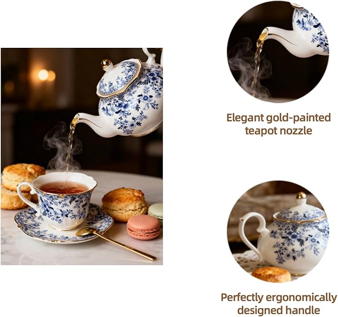 22oz Floral Ceramic Teapot (Suitable for 1 to 3 people) – Vintage Gold Rim Porcelain Tea Pot for Loose Leaf, Blooming Tea & Coffee, Elegant Teapot for Tea Party, Flower Design (China Flower)