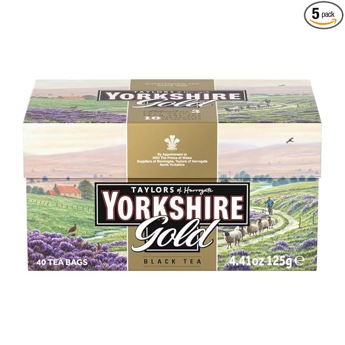Yorkshire Tea, Gold, Pillow Tea Bags, 40 Count (Pack of 5), Premium Blend, Rich, Smooth, and Satisfying, Classic British Breakfast Blend, Caffeinated, Enjoy Hot or Iced, 40 Teabags