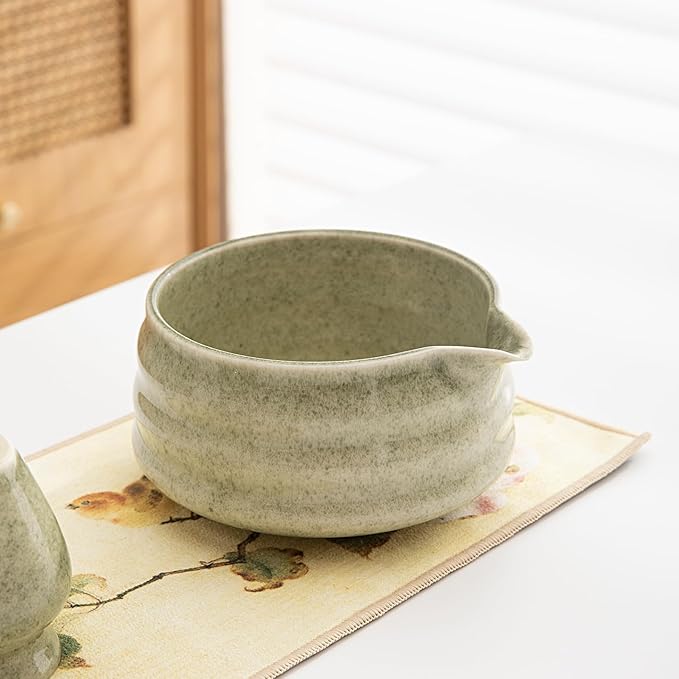 Matcha Set, Matcha Bowl with Spout, Matcha Whisk and Holder, Bamboo matcha Scoop and Stainless Sifter - 7 Pcs Jade Green Matcha Set Kit for Matcha Lover