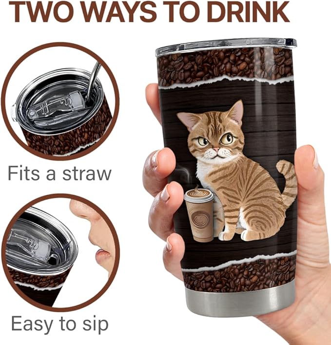 Cat Tumbler 20oz Stainless Steel Insulated Travel Mug Cup for Women Girls Coffee Lovers Gifts for Birthday Christmas