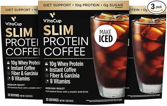 VitaCup Slim Protein Coffee Shake for Diet Support, Instant Coffee w/Whey Protein Powder, B Vitamins & Fiber, Dietitian Developed for Performance & Taste, Make as Iced or Shake, 3 Bags