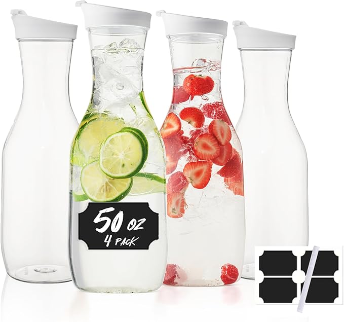 Water Carafe with Lid, 50 Oz Round Plastic Pitcher for Drinks, Milk, Mimosa Bar Supplies, Iced Tea, Juice Containers with Lids for Fridge, BPA-Free, NOT DISHWASHER SAFE, 4 Pack