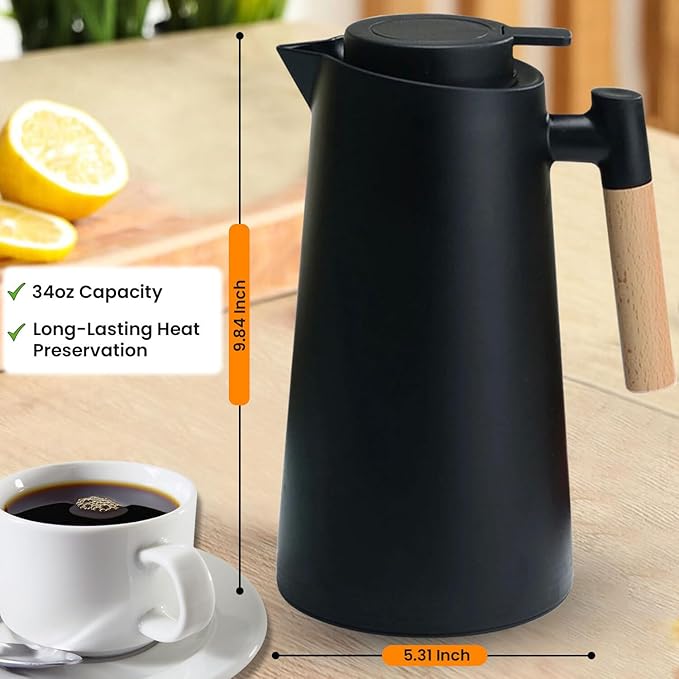 Coffee Carafe with Handle and Cleaner Brush - Coffee Carafe (urn)- Coffee Dispenser - 24 Hours Hot Double Walled Flask for Hot Water, Tea, Coffee - 33.81 Oz (1L) (Black)