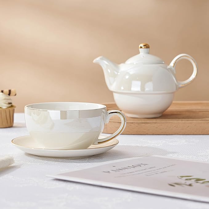 Tea for One Porcelain Teapot and Cup Set, Tea Set for One, Floral Teapot, Tea Set Gift for Women, Pearlescent white