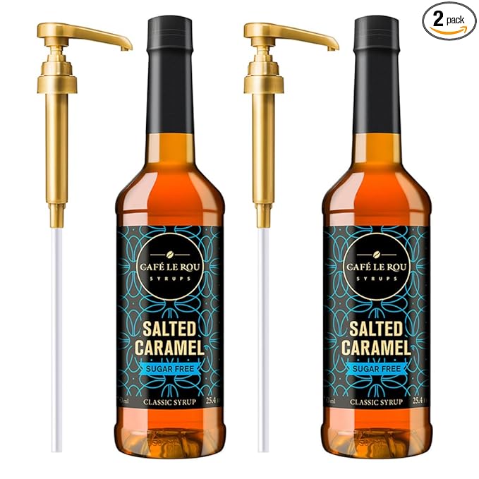 "NEW" Café Le Rou Coffee Syrup Sugar Free Salted Caramel, 25.4oz (Pack of 2)*Includes 2 Coffee Syrup Pumps*, Cafe Coffee Flavoring Syrup for Coffee, Tea, and Espresso
