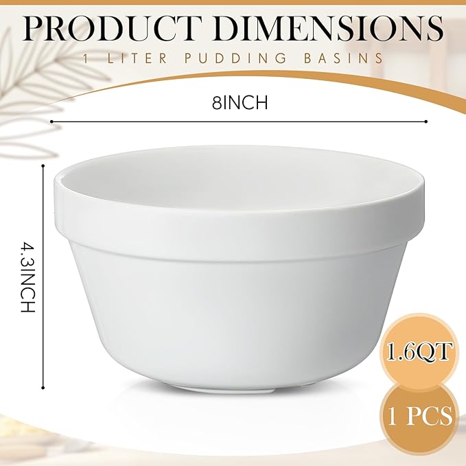 1 Pieces Ceramic 1.6qt Pudding Basins White 8 Inch Christmas Pudding Mold Bowls for Steaming Ovenproof Durable and Sturdy Porcelain Steamed Plum Puddings Bowl Basin, Easy to Clean