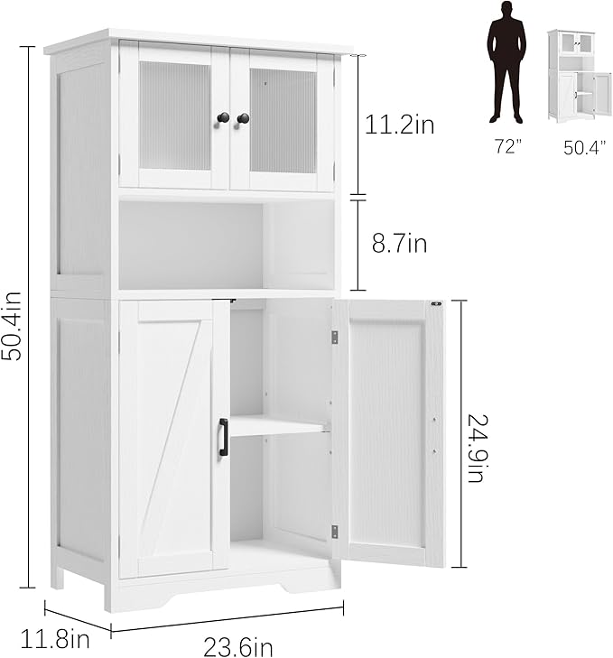 Storage Cabinets, 54 Inch Tall Hutch Bar Cabinet with Glass Doors and Adjustable Shelves, Wooden Kitchen Pantry Storage Cabinet, for Living Room,Rustic Brown