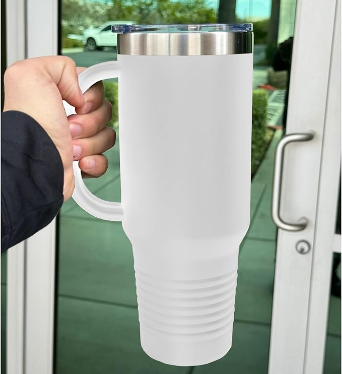 LaserGram 40oz Vacuum Insulated Travel Mug with Handle, Tiki Statue, Personalized Engraving Included (White)