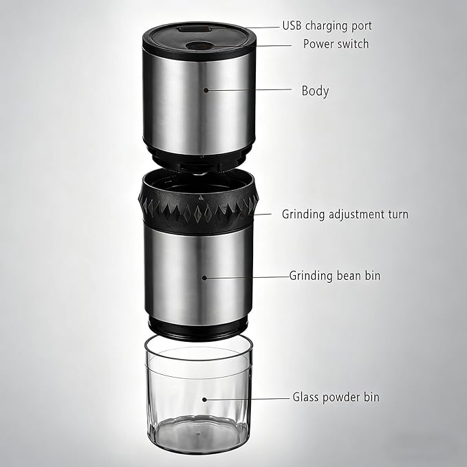 Portable Coffee Grinder,USB Rechargeable Coffee Maker,Electric Stainless Steel Burr Burr Coffee Grinders, Espresso Battery Coffee Bean Grinder Machine with 15 gind Settings for Home Use(Black9109)