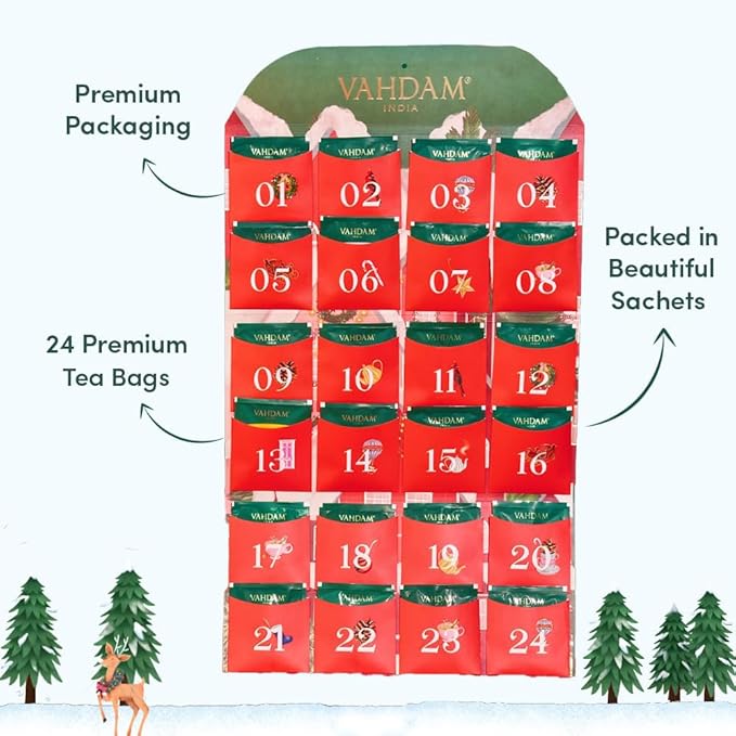 VAHDAM, Limited Edition Christmas Tea Gift Set | 24 Unique Flavor Tea Bags - Folding Holiday Gift Box | Christmas Presents For Women, Men & Adults