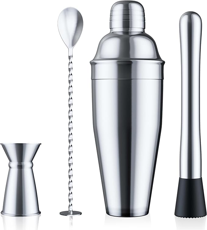 24oz Cocktail Shaker Set - Martini Shaker w Built-in Drink Shaker Strainer, Muddler, Jigger, Mixing Spoon, Recipe Book for Bartending - Bar Shaker/Alcohol Shaker
