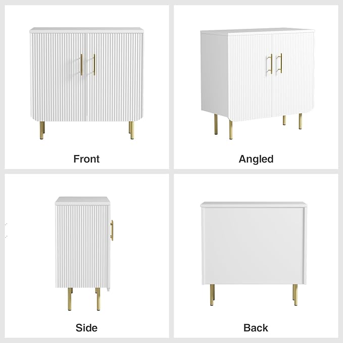 Vabches Fluted White Storage Cabinet, 2 Doors Modern Sideboard Buffet Cabinet with Adjustable Shelves and Metal Leg, Accent Cabinet for Living Room, Dining Room, Entryway (White & Gold)
