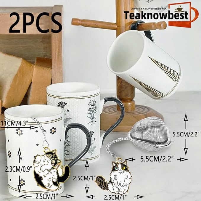 2Pack Ragdoll cat Tea infuser, loose tea strainer, Heart shaped tea ball + cute animal pendant, reusable tea steeper makes afternoon tea meaningful (Cat, 2PCS)