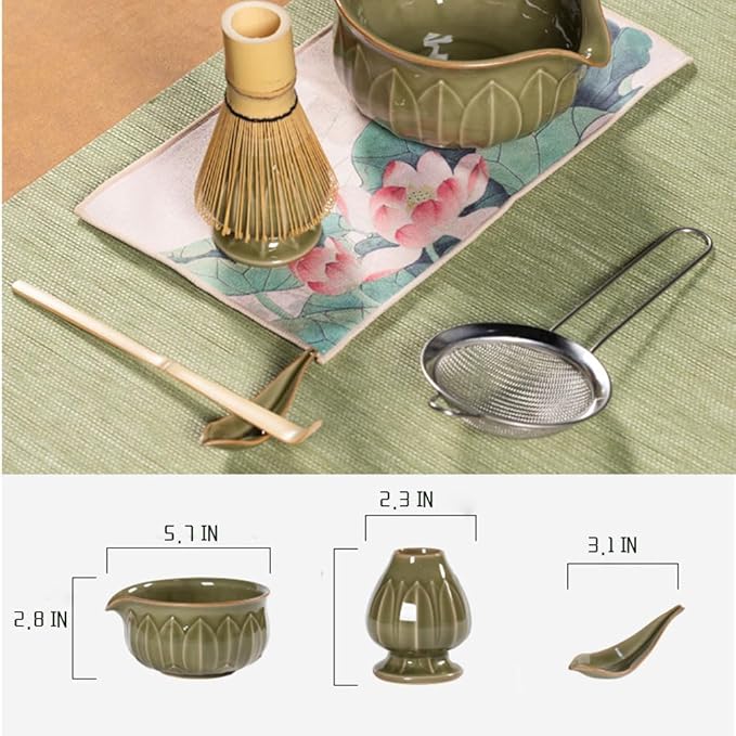 ZentButCool Matcha Set Includes Ceramic Matcha Bowl, Bamboo Whisk (Chasen), Scoop, Stainless Steel Matcha Sifter, And Whisk Holder (White)