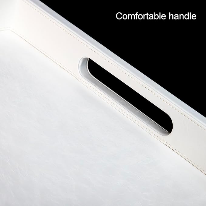 25 * 25 inches Leather Rectangle Serving Tray with Hole Handles,High-End Light Large Service Tray for Ottoman Tray, Tea, Food, Butler - Countertop, Kitchen,Family Dinner, Picnic(White)