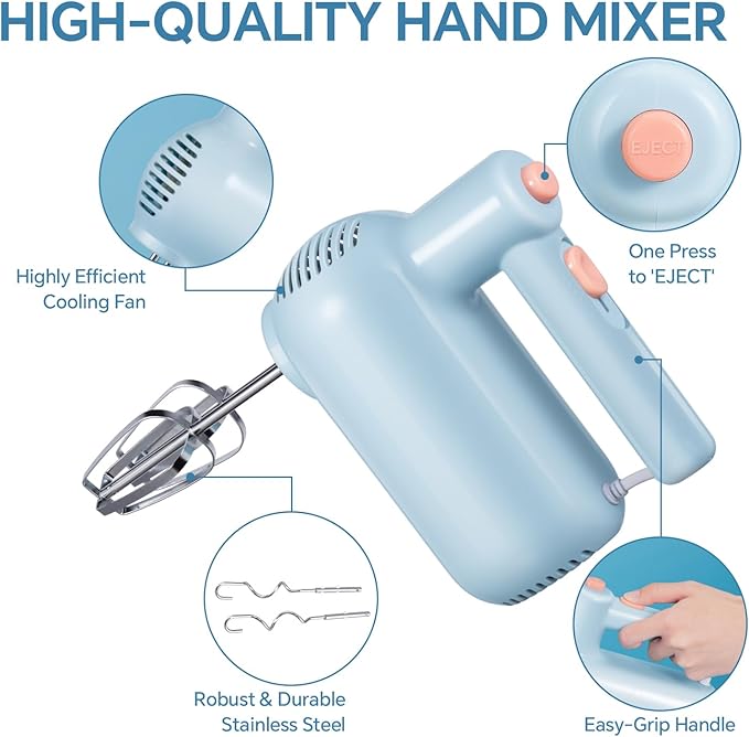 Hand Mixer Electric, 5-Speed Kitchen Mixer Handheld Mixer with Turbo Ultra Power, 4 Stainless Steel Accessories for Whipping Mixing Cake Egg Cream, Small Blue Baking Mixers, Christmas Gifts for Women