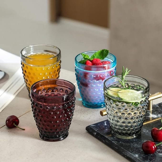 G Highball Hobnail Drinking Glasses Set of 6, 10.3 oz Vintage Glassware, Hobnail Tumbler Glasses Set for Cocktail, Soda, Beverages Whiskey,Juice,Cocktail, Milk, Dishwasher Safe, Good Gift Ideal-Purple