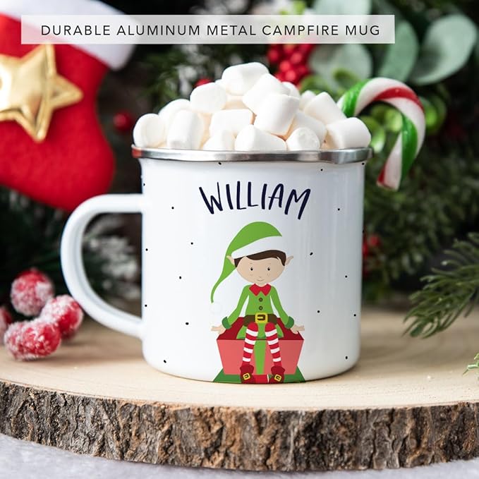 Andaz Press Personalized Name 11oz Kids Christmas Hot Chocolate Stainless Steel Campfire Coffee Mug, Green Boy Xmas Elf Seated, 1-Pack, Custom Birthday Xmas Cup