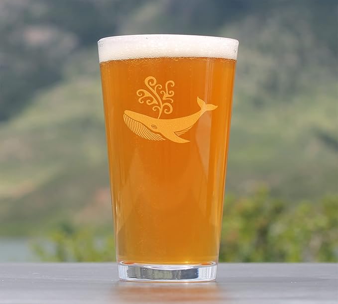 Whale Pint Glass for Beer - Beach Themed Decor and Gifts for Whale Lovers - 16 Oz Glasses
