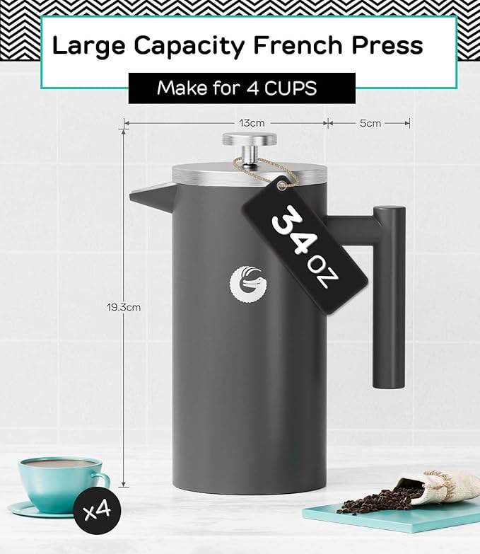 Coffee Gator 304 Grade Stainless Steel French Press Coffee Maker 34 oz, Double Wall Insulated Hot Cold Brew Teapot with 4-Level Filtration System, Include Travel Jar Canister, Rust-Free, Kitchen, Gray