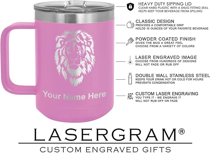 LaserGram 15oz Vacuum Insulated Coffee Mug, Tiki Statue, Personalized Engraving Included (Light Purple)