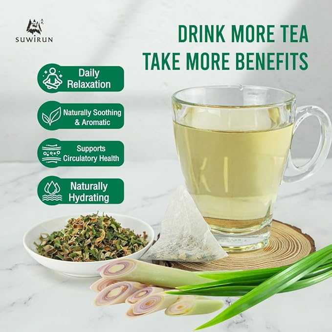 Suwirun Organic Lemongrass & Pandan Tea 25 Bags – Product of Thailand – Aromatic Thai Herbal Blend, Caffeine-Free, No Calories, Natural Fragrance, Brew Hot or Cold