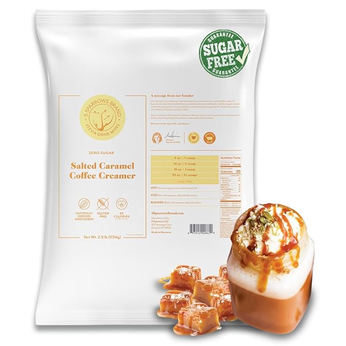 5 SPARROWS Sugar-Free Salted Caramel Powder Drink Mix- Stevia, Keto Friendly, No Sugar Coffee Creamer, 40 oz (2.5lb)