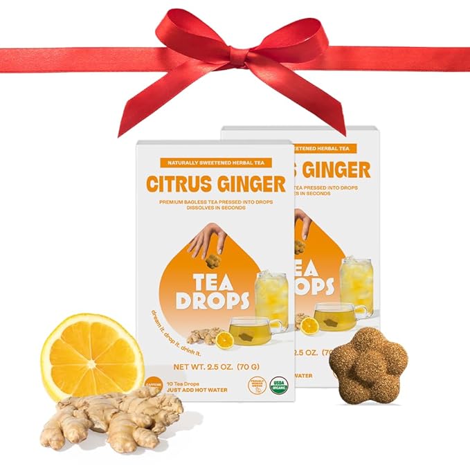Tea Drops Citrus Ginger Tea | Dissolvable Bagless Loose Leaf | Wellness Boosting, Calming, Caffeine-Free, Naturally Sweetened Organic | Iced or Hot | Gift Set 2 Pack - 20 Servings