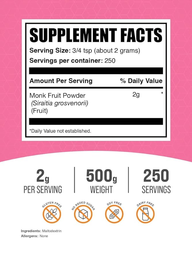 BulkSupplements.com Monk Fruit Powder - Monk Fruit Sweetener, Sugar Substitute for Baking - Pure & Gluten Free, 2g per Serving, 500g (1.1 lbs) (Pack of 1)
