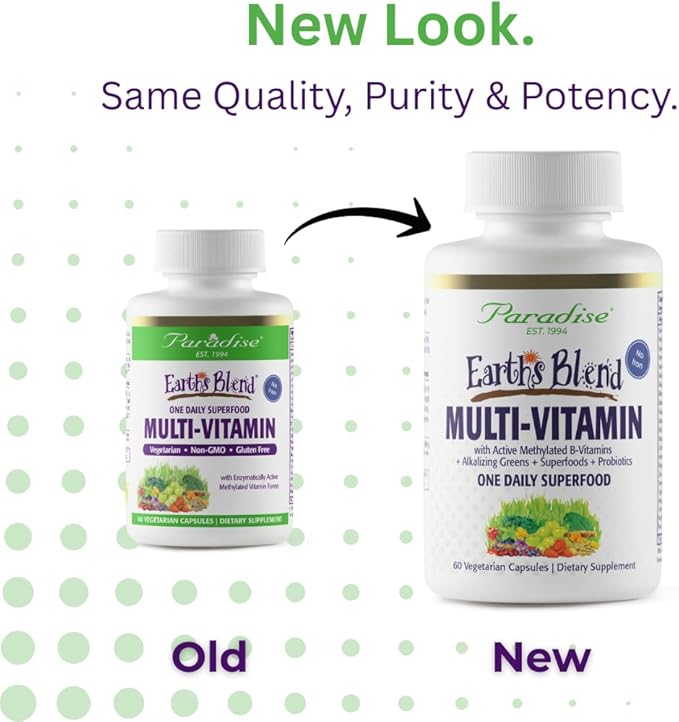 Paradise Herbs Earth's Blend Once Daily Multivitamin for Men, No Iron, 48 Organic Superfoods, Probiotics, and Vitamins A, B12, C, D, K2, 60 Count