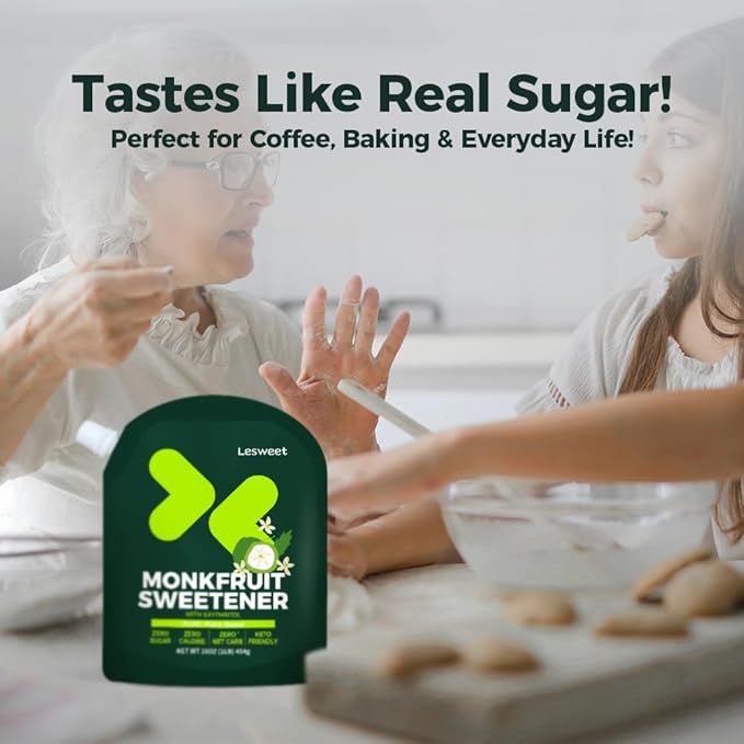 Lesweet Monk Fruit Sweetener with Erythritol, Monk Fruit Extract, 1:1 White Sugar Substitute, Zero Calorie, Keto Friendly, Non-GMO, Perfect for Coffee & Baking, 16 oz (Pack of 3)