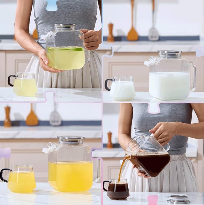 Purefold 1.5 Liter/50 oz Water Pitcher, High Borosilicate Glass Jug with Full Seal Lid and Spout, Leakproof Fridge Door Carafe for Iced Tea, Coffee, Juice, Milk Beverage