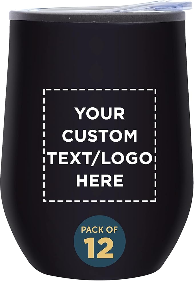 Custom Stemless Wine Tumblers 12 oz. Set of 12, Personalized Bulk Pack - Insulated, Perfect for Wine, Cocktails, Other Hot & Cold Beverages - Black