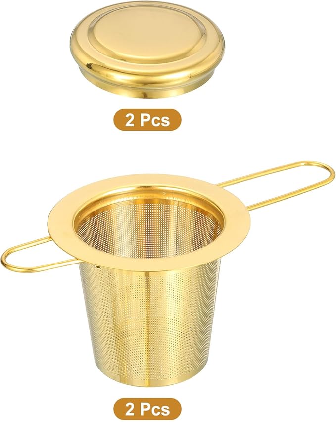 uxcell 2 Pcs Tea Infuser Filter, Fine Mesh Loose Tea Steeper, Stainless Steel Tea Strainer with Foldable Handle for Brew Loose Leaf Tea, Gold