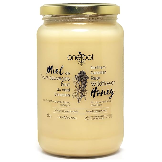 Oneroot 100% Canadian Wildflower Honey - 1kg / 2.2lbs, Unheated & Creamed - Nutrient-Rich, Natural Sweetener with Enzymes - Thick & Pure Raw Unfiltered Honey