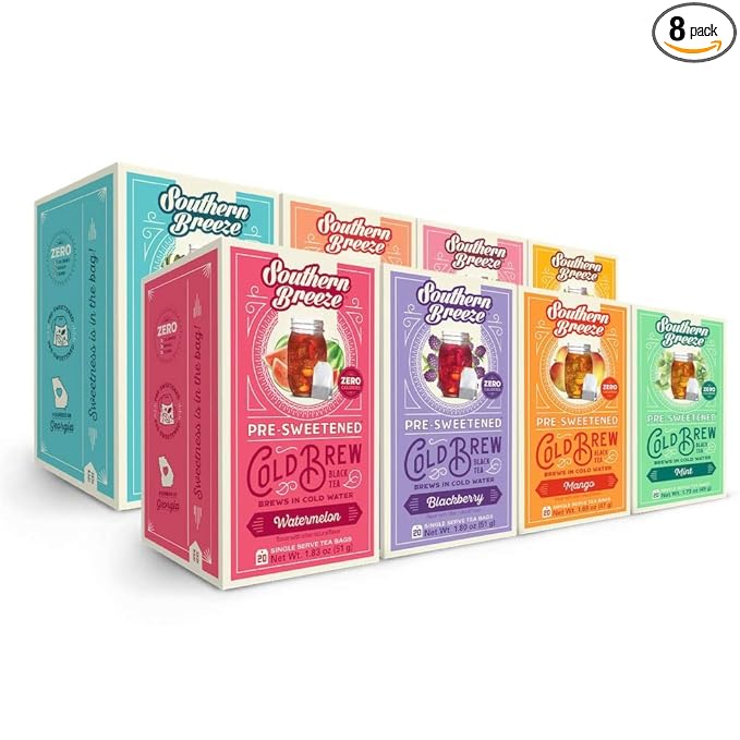 Southern Breeze Cold Brew Sweet Tea Variety Pack Iced Tea with Black Tea and Zero Carbs Zero Sugar, 20 Individually Wrapped Tea Bags, Pack of 8