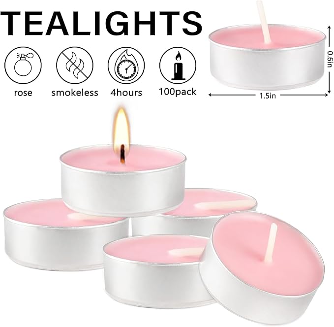Pink Rose Scented Tealight Candles - 4 Hours - Giant 100 Bulk Packs - Smokeless Tea Lights for Valentine's Day, Weddings, Christmas, Home Decorative
