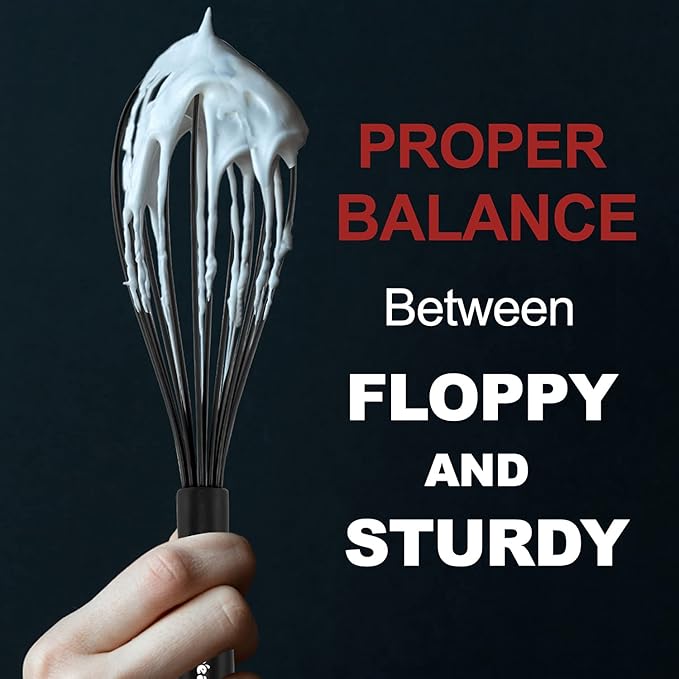 Anaeat Silicone Kitchen Whisk Set of 4, Perfect for Non-Stick Cookware, Egg Beater Milk Blender for Whisking, Cooking, Baking, Beating - 11'' Flat Whisk and 9''+11''+12'' Balloon Whisks (Black)