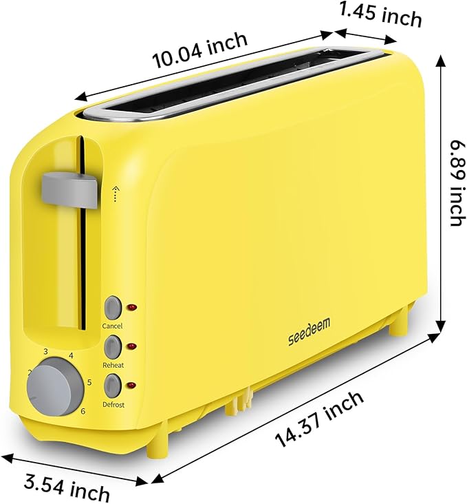 SEEDEEM 2 Slice Slim Toaster, Single 10" Long Slot Toaster Fits Bagels & Artisan Bread, 6 Shade Settings, Cancel/Reheat/Defrost, Removable Crumb Tray, Auto Shut-Off, Yellow