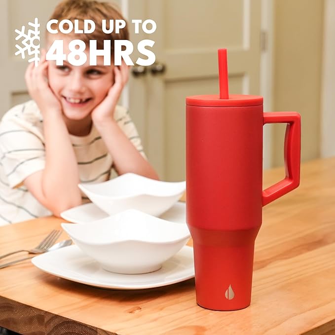 Elemental 40 oz Tumbler with Handle and Straw - Spill Proof Insulated Stainless Steel Commuter for Hot and Cold Beverages - Travel Coffee Mug with 2 Straws & Spill Proof Lid - 40oz - Red