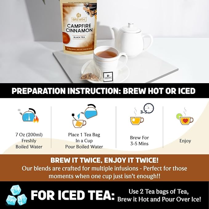 BREWIX, Campfire Cinnamon Black Tea (30 Pyramid Tea Bags) | Black Tea with Orange & Cinnamon | Sweet and Spicy Tea | Energy Tea