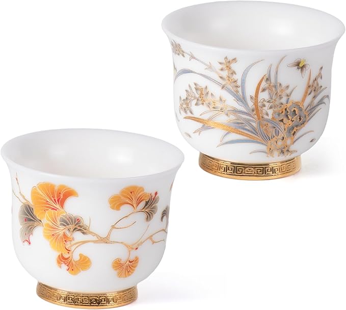 KAMMAK Ceramic Tea Cups Small, Cute Vintage Coffee Cup Set of 2, Porcelain Teacups Espresso Mug, 3.9oz Hand Painted Chinese Afternoon Tea Party Mugs, Birthday Gift for Women Men, Reversible