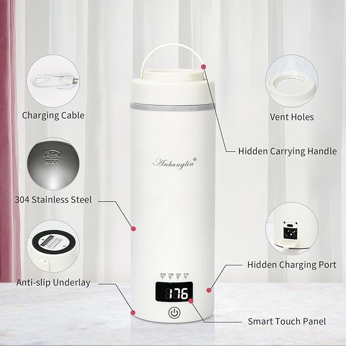 Travel Electric Tea Kettle, 500ML Small Water Boiler Kettle Electric with 4 Temp Settings, Auto Shut-Off & Boil Dry Protection, 304 Stainless Steel Portable Bottle Warmer for Travel, White