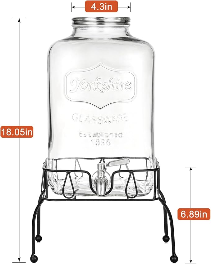 2 Gallon Glass Beverage Dispenser with Stand, Stainless Steel Leakproof Spigot and Lid, Glass Drink Dispensers for Parties, Water Beverage Dispenser