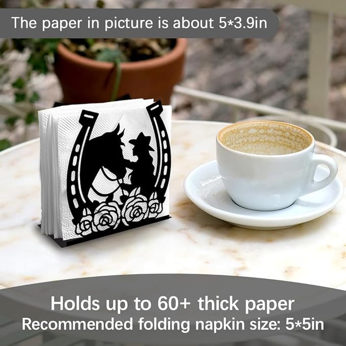 Cowgirl Horse Decorative Black Metal Napkin Holder for Table, 4.9" x 5.3" x 2" Flower Horseshoe Standing Napkin Holder for Home Kitchen Restaurant Picnic Party Coffee Bar Dining Room