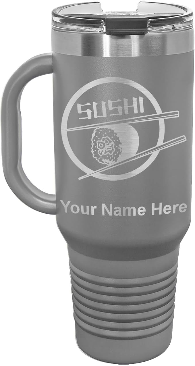 40oz Vacuum Insulated Travel Mug with Handle, Sushi, Personalized Engraving Included (Gray)